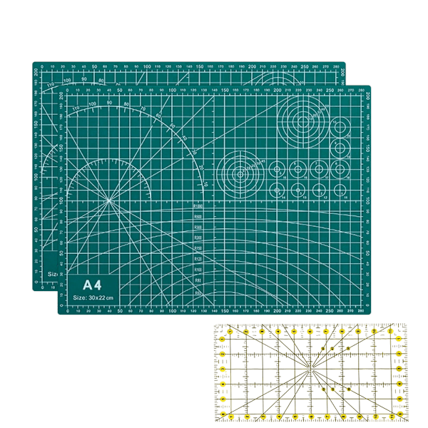 Set med 2 EINNENFFER A4 skärmattor, PVC, med transparent linjal i tum, 30 x 22 cm, grön, för hantverk, utskärning, tillverkning
