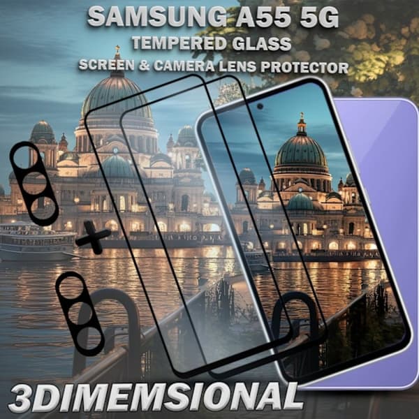 2-pack SAMSUNG A55 5G Skärmskydd & 2-pack Linsskydd - Härdat Glas 9H