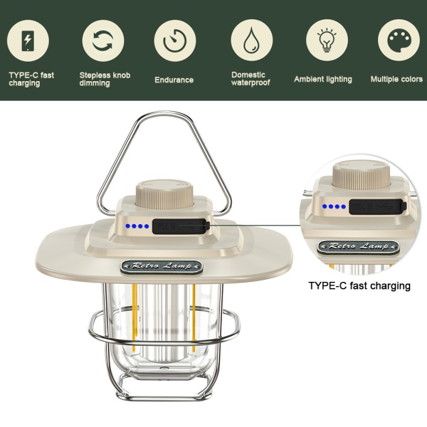 Uppladdningsbar Camping LED-ljus Dimbar, Retro Lantern White