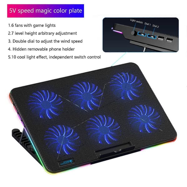 F5 RGB Laptopkøler 12-17 Tommer 6 Blæsere Dobbelt USB-interface Laptopstativ Lydløs Køleblæser (Symphony Edition)