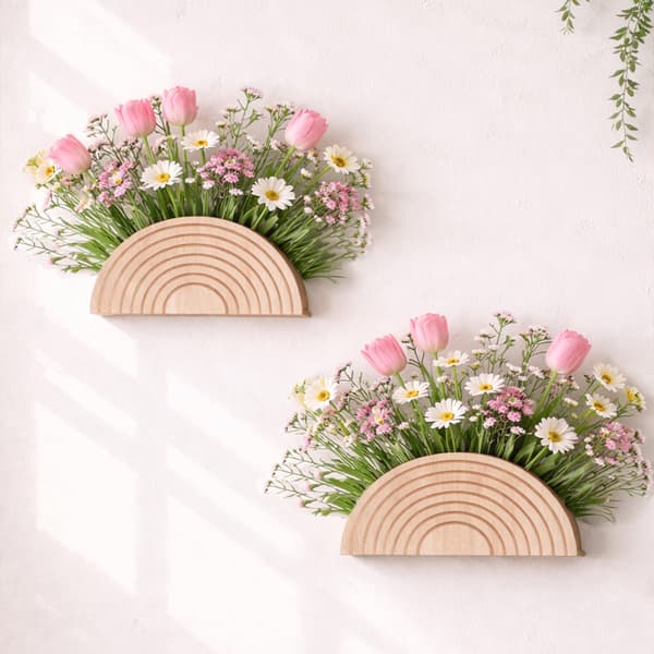 Semi-circular Wooden Vase Base with Wave Pattern, 2-pack – Decoration for Artificial Flowers and Dried Flowers