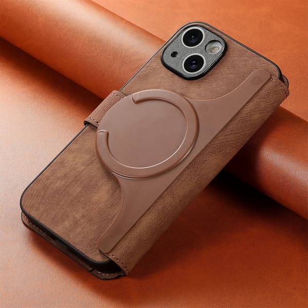 Magnetisk avtakbart flip-telefondeksel med RFID-beskyttelse, multifunksjonell kortholder og stativ; kompatibel med iPhone 15 Plus brown
