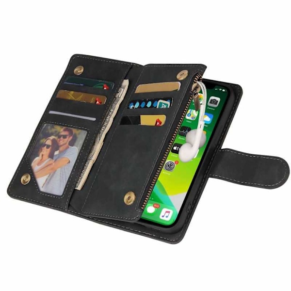 iPhone 13 Multifunktionellt Plånboksfodral Zipper 8-Fack Svart Svart