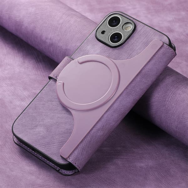 Magnetisk avtakbart flip-telefondeksel med RFID-beskyttelse, multifunksjonell kortholder og stativ; kompatibel med iPhone 16 Pro Max purple