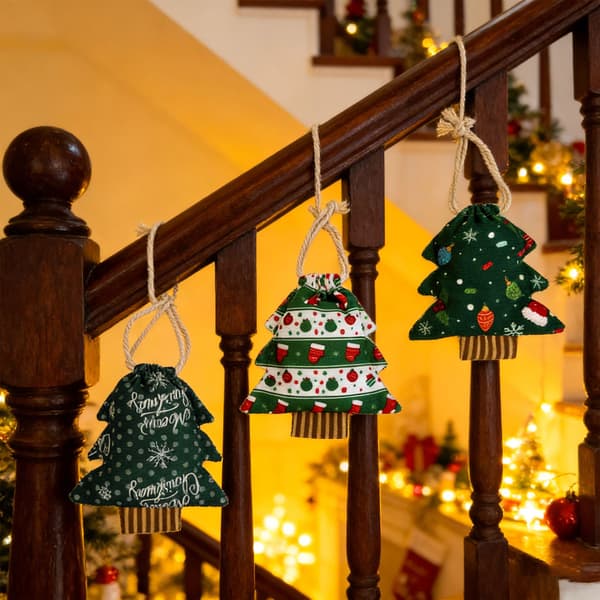 2-delad julgransformad presentpåse med dragsko, godispåse, tygförvaringspåse, julklappspåse, stil 1 stye 1