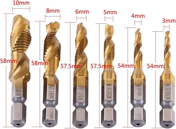 6 stk. M3-M10 Gjenge HSS Bor og Gjengetapper 1/4\" Hex Skaft