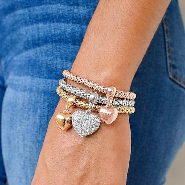 Multilagerarmband - 3 st Guld/Silver/Roséguld Majskedjearmband för kvinnor, Hjärtformat Stretcharmband Style 4