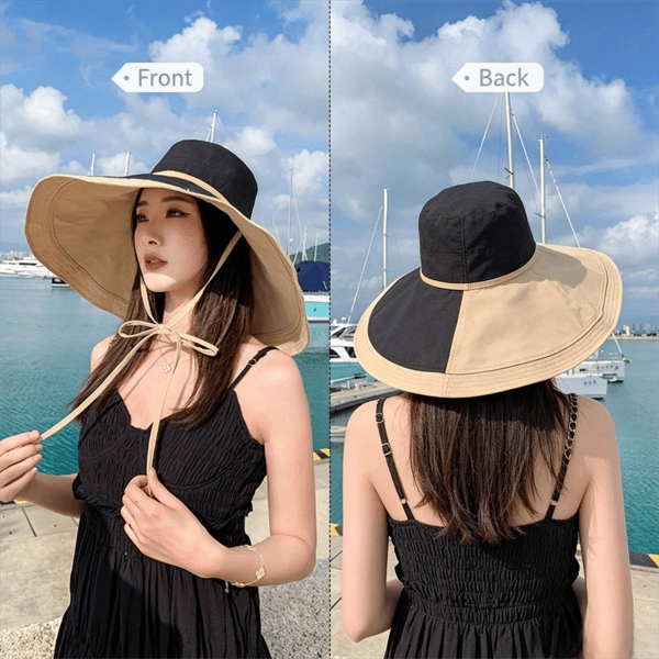 Khaki vendbar solhatt med bred brem, UV-beskyttende solhatt, størrelse M (56–58 cm)