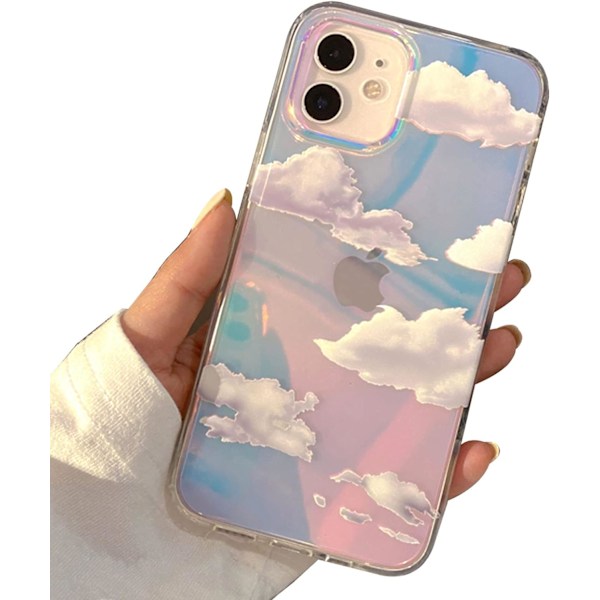 Telefonhårdskal Kompatibel med iPhone-fodral Slim Cystal Clear Holographic White Cloud Women Girls, Hård PC Stöttålig Skyddsdesign iPhone 13 iPhone 13