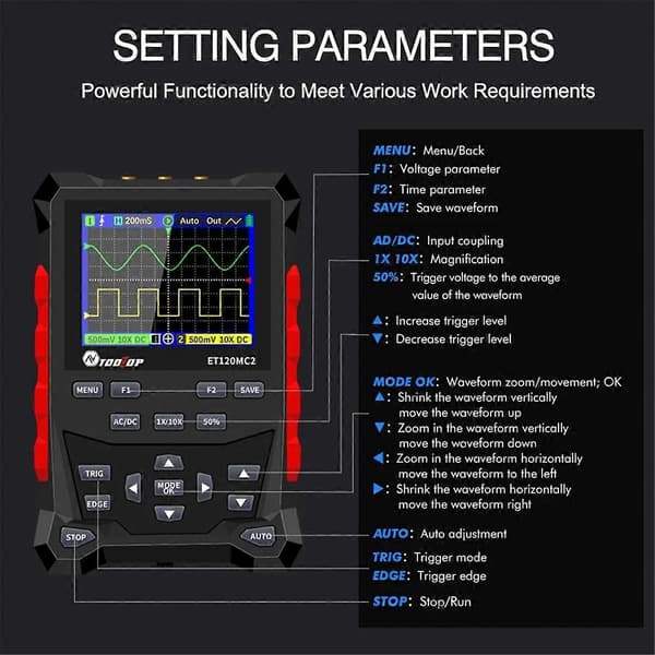 ET120MC2 120MHz Bærbart Smart Oscilloscope Dobbeltkanal 500MSa/S Oscilloscope Datalagring til Hjemmereparation A