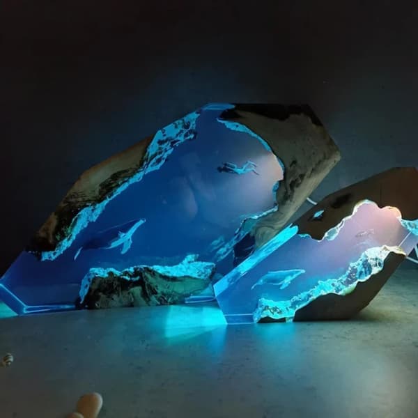 Epoxy Resin Træ Lys Lampe Stor Dykker og Pukkelhval Led