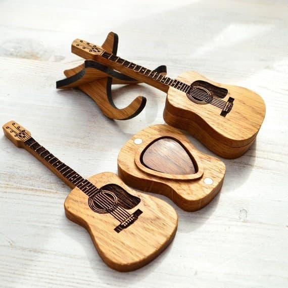Trägitarrplockhållare med 3 unika gitarrplock, gitarrformad gitarrplocklåda, gitarrtillbehör