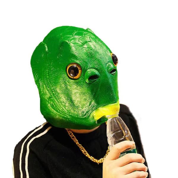 Grønn fiskehode-maske + gullkjede prank-sett