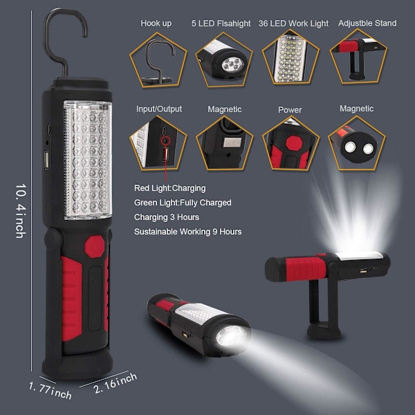 HEDAQI Uppladdningsbar LED-arbetslampa Bärbar Multi-use