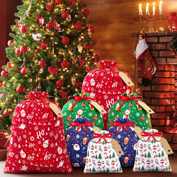 10 st Julklappspåsar med Dragsko, Julklappspåsar Blandade Storlekar Bulk, Julklappspåsar Bomullstyg Presentpåsar