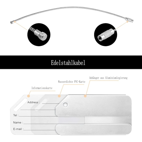 Bagageetikett i aluminiumlegering, med rostfritt stålrep, bagageetikett, resetillbehör