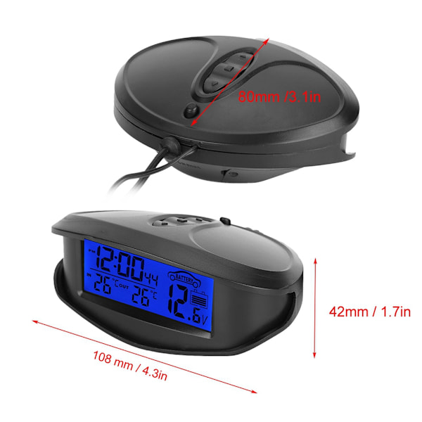 LCD Digital Klocka för Bilinstrumentbräda, Temperatur Voltmeter Mätare med Dubbla LED-Färger Stor Skärm LCD-Display Fahrenheit Celsius Avläsning 12 24 Timmar