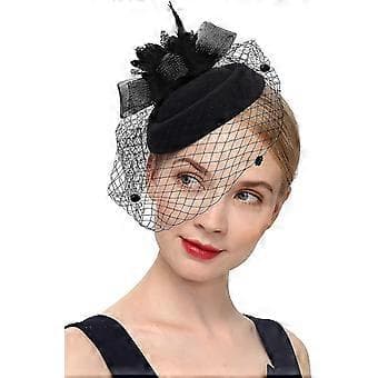 Hårbøjle med sløjfe, fascinator hat, slør og mesh til kvinder (sort)()