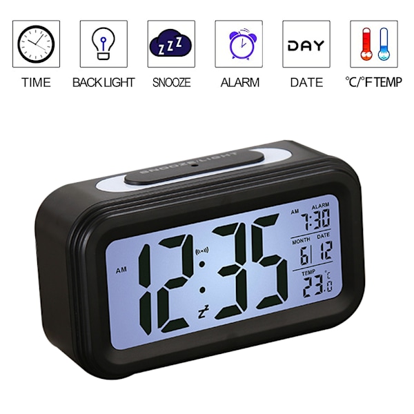 Väckarklocka, elektronisk digital morgonväckarklocka med stor LCD-skärm