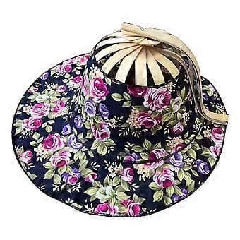 Bambu Fläkt Vikbar Solhatt Blommig Solskydd Keps Lätt Multifunktionell Ihålig Design Bred Brätte Dam Vikbar Fläkthatt (mörkblå blomma)