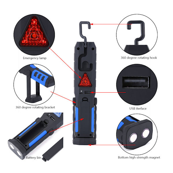 USB-laddningsbar COB LED-arbetslampa Nödficklampa