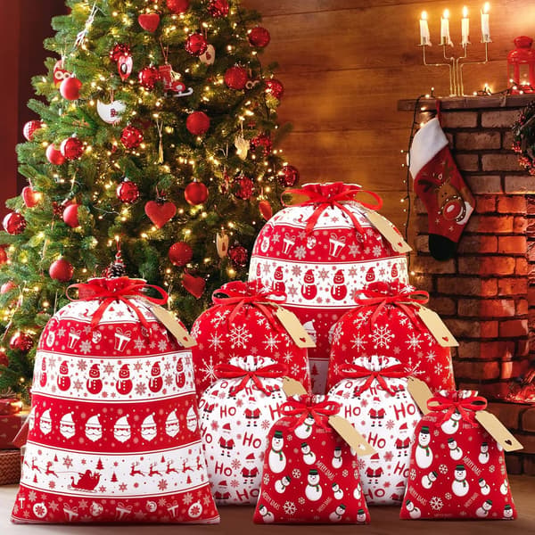 10 st Julklappspåsar med Dragsko, Julklappspåsar Blandade Storlekar Bulk, Julklappspåsar Bomullstyg Presentpåsar