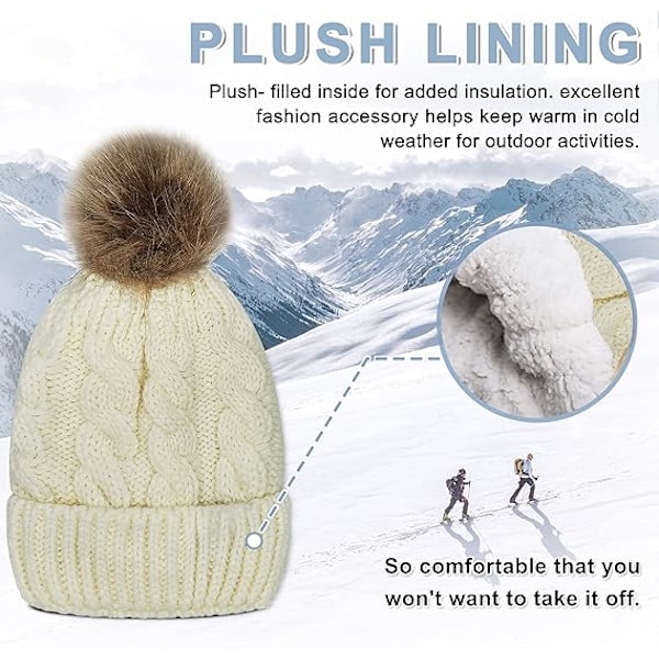 Barnmössa med Foder och Pom Pom för Barn - Slouchy Kabelstickad Mössa Skalle Mössa Baby Skidmössa för Flickor Pojkar CLT01 White