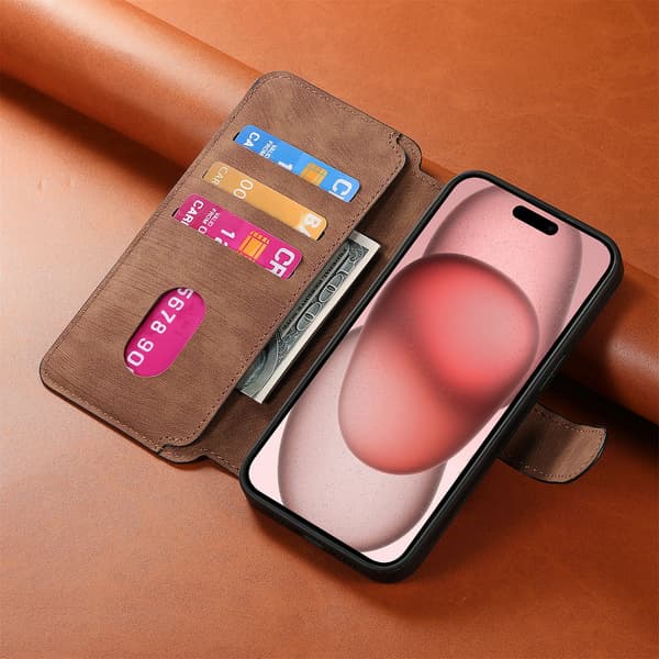 Magnetisk avtakbart flip-telefondeksel med RFID-beskyttelse, multifunksjonell kortholder og stativ; kompatibel med iPhone 16 Pro Max brown