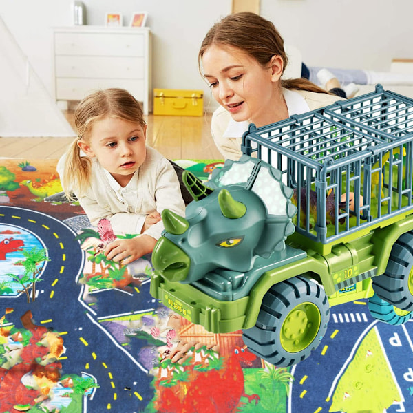 Dinosaurieleksak Lastbil Hög Simulering Ljusa Färger Droppresistent Rörlig Dörr Dinosaurietransportbilar Leksats för Barn Presenter