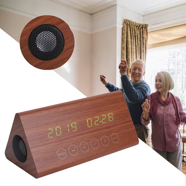 Träväckarklocka Bluetooth Trä Högtalare Temperatur/Tid