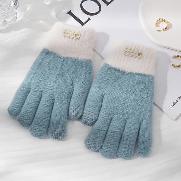 Dam Höst Vinter Handskar Dam Cykling Rader Varma Finger Solid Pekskärm Fleece Förtjockad Stickad blue