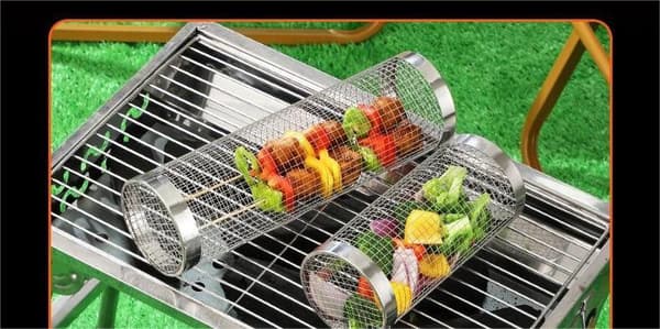 Cylindrisk grillkorg i rostfritt stål | Utomhusgrillställ | Roterande köttgrill