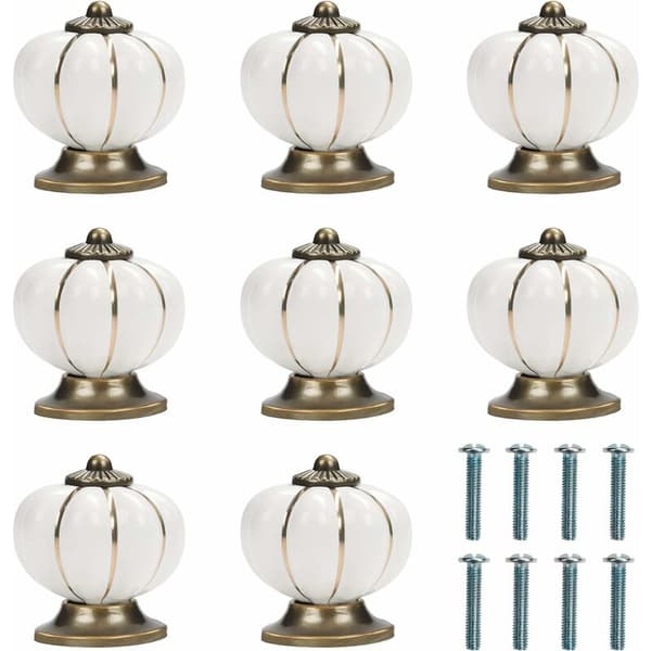 Vit och Guld Keramisk Skåpknopp med Pumpaskruvar (Set om 8)