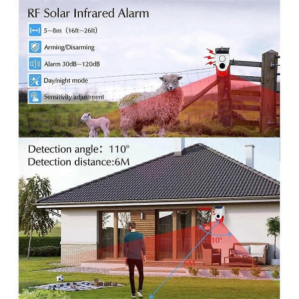 Utomhus solcellsdriven mänsklig kroppssensor med fjärrkontroll 120DB hög decibel för hemlarmssystem