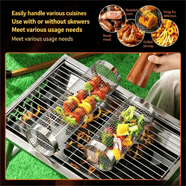 Cylindrisk grillkorg i rostfritt stål | Utomhusgrillställ | Roterande köttgrill