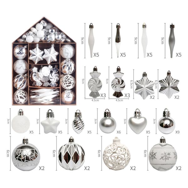 73 st Julgranskuleprydnader Set, Juldekoration för Gran, Målade Julgranskulepresentförpackning silver white