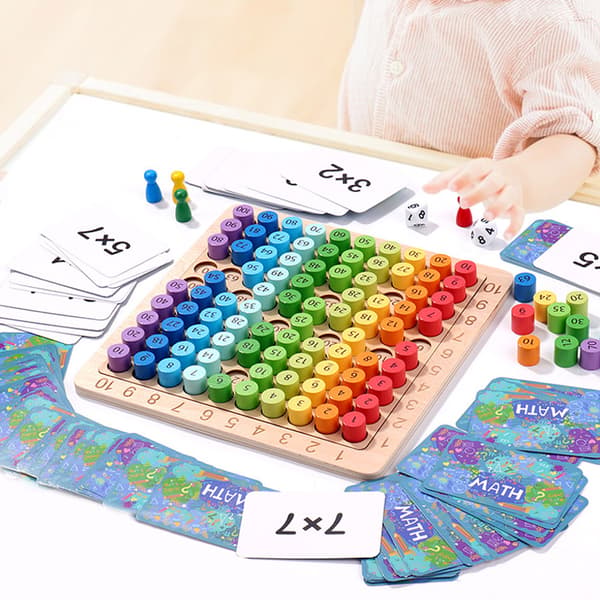 Multiplikationsspil i træ, multiplikationskort, terninger