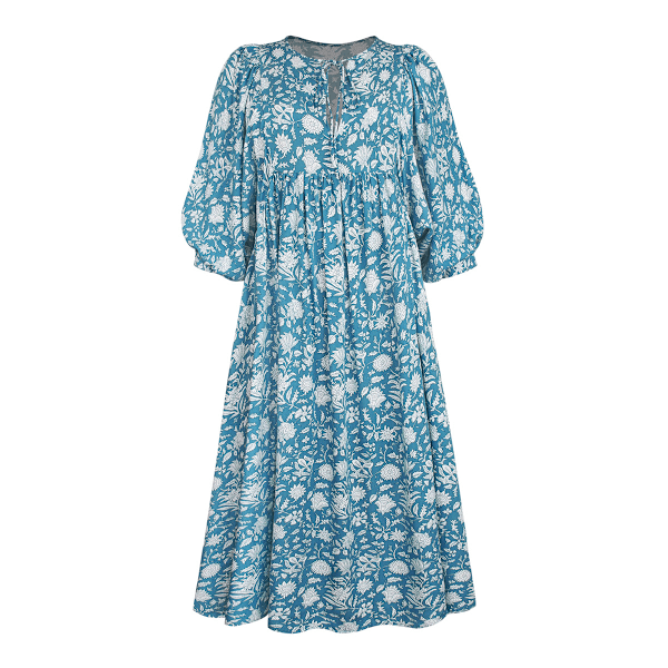 Dam Casual Klänning Boho Plisserad V-ringad Vintage Blommig Tryck Flödande Långa Klänningar, S-XL S