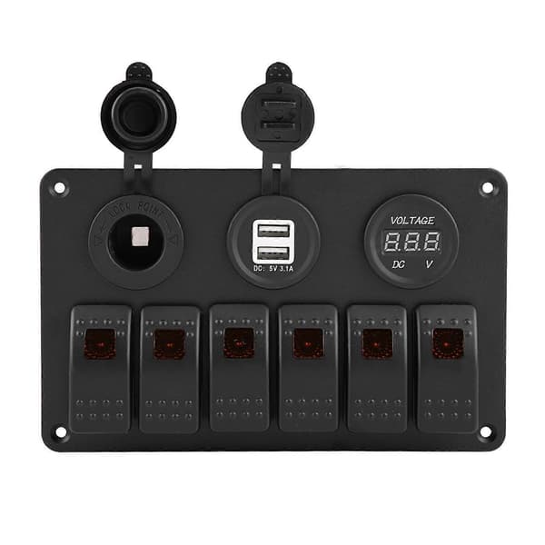 12V 24V 6-polet bilbåd LED vippekontaktpanel Dobbelt USB voltmeter cigarettænder orange