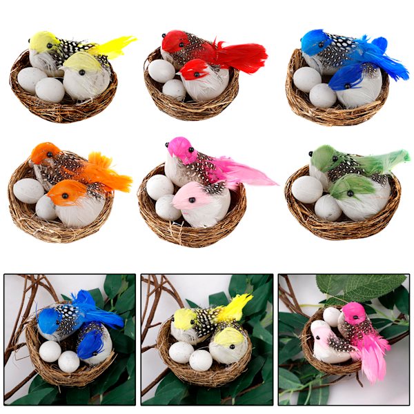6 Set Påsk Konstgjorda Fågelbon Ägg Dekor Simulerade Skumfåglar Fjäderfåglar Hantverk DIY för Påsk Hem Ornament Trädgårdsarbete Naturdekoration