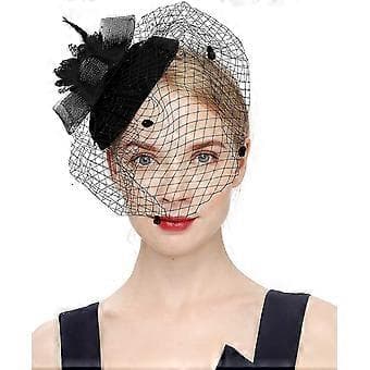 Hårbøjle med sløjfe, fascinator hat, slør og mesh til kvinder (sort)()