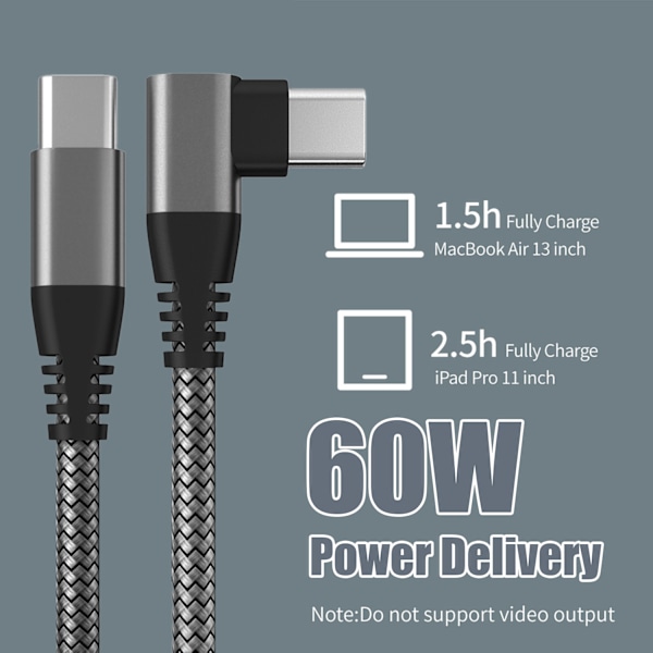 USB-C laddare med vinklad kontakt 60 W PD snabbladdning Svart 1 m Sort 1 m