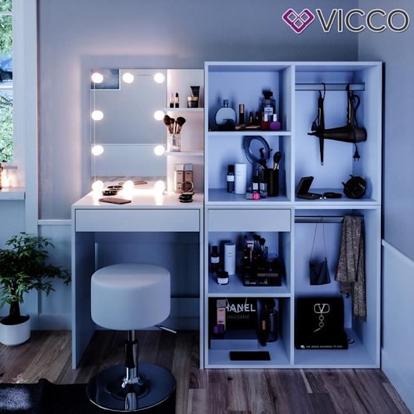 Vicco Isabelle sminkbord, sminkbord, LED-belysning, pall, enstaka möbler Vit