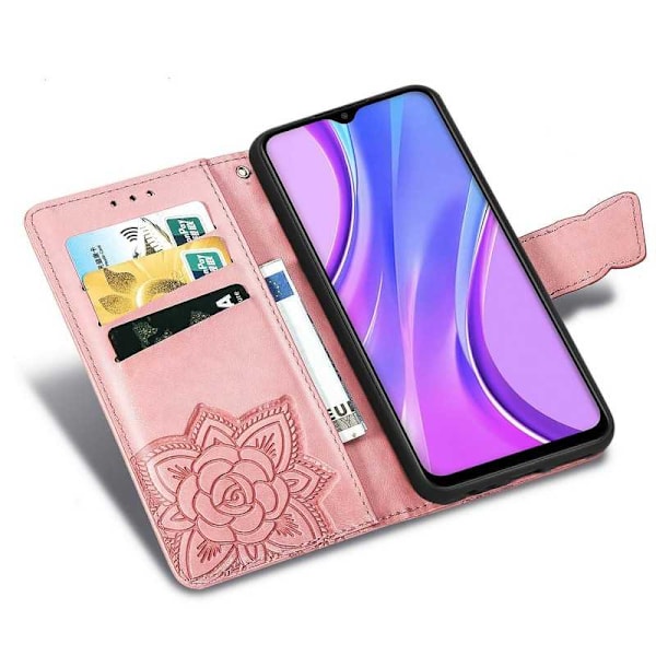 Xiaomi Redmi 9 Plånboksfodral PU-Läder 4-FACK Motiv Fjäril Rosa guld