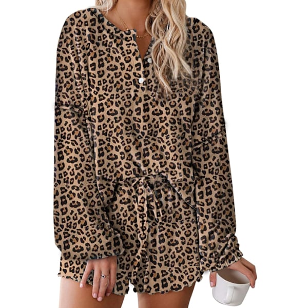 Dam Tie Dye Tryckt Volang Kort Lounge Set Långärmad Topp och Shorts 2-Delat Pyjamasset Sovkläder Leopard 2XL