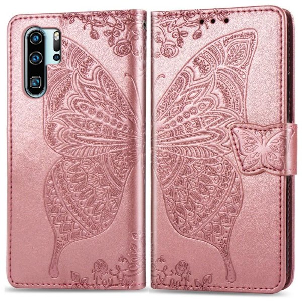 Huawei P30 Pro Plånboksfodral PU-Läder 4-FACK Motiv Fjäril Rosa guld