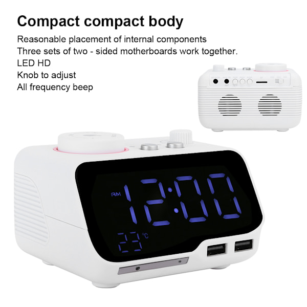 Digital väckarklocka med dubbla alarm, justerbar ljusstyrka, FM-radio, insomningstimer, USB-laddning, termometerdisplay för sovrum och vardagsrum