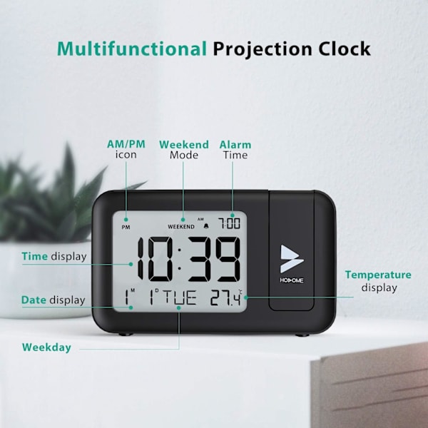 Hosome Projektionsväckarklocka, Digital Väckarklocka Inomhustemperatur 4 Ljusstyrkenivåer 2 Volymnivåer Justerbar 9 Minuters Snooze-funktion 12/24H