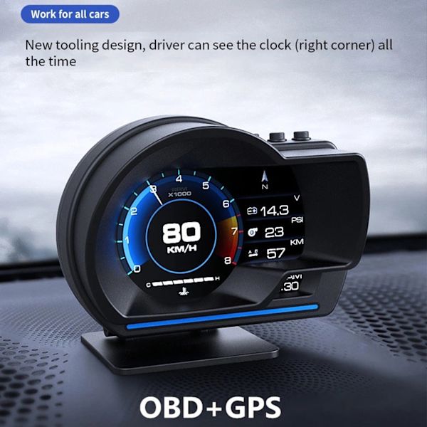 Head Up Display för bil OBD GPS Dual Mode Smart Digital Hastighetsmätare Realtids ECU-dataövervakare med justerbart fäste och omgivningsljusjustering