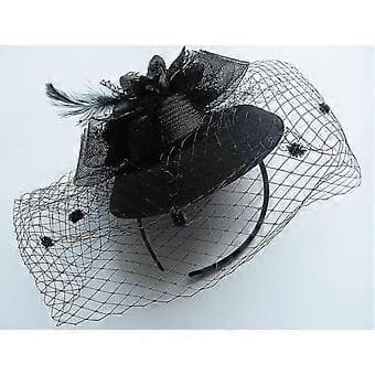 Hårbøjle med sløjfe, fascinator hat, slør og mesh til kvinder (sort)()